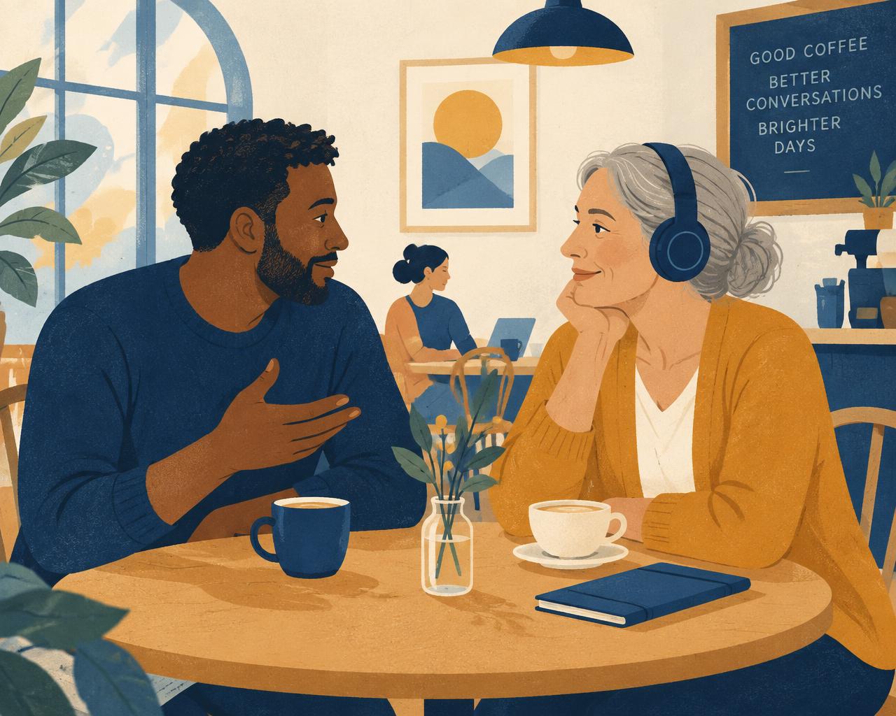 Dos personas conversando con calma en un café